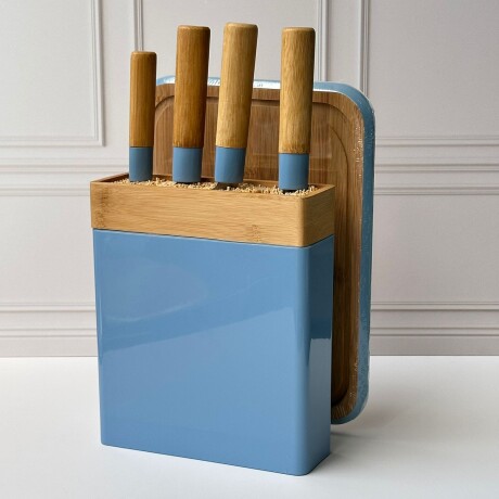 Set 4 Cuchillos con Soporte + Tabla Bambú - Azul Set 4 Cuchillos con Soporte + Tabla Bambú - Azul