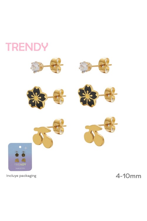 Set caravanas cereza flor y circonia Dorado