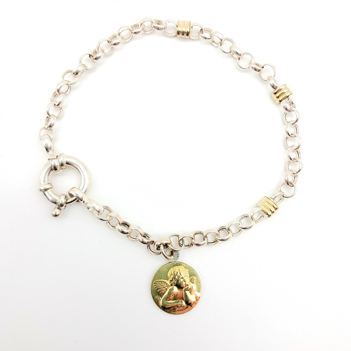 Pulsera religiosa de plata 925 y double en oro 18 ktes, ANGEL RAFAEL. 