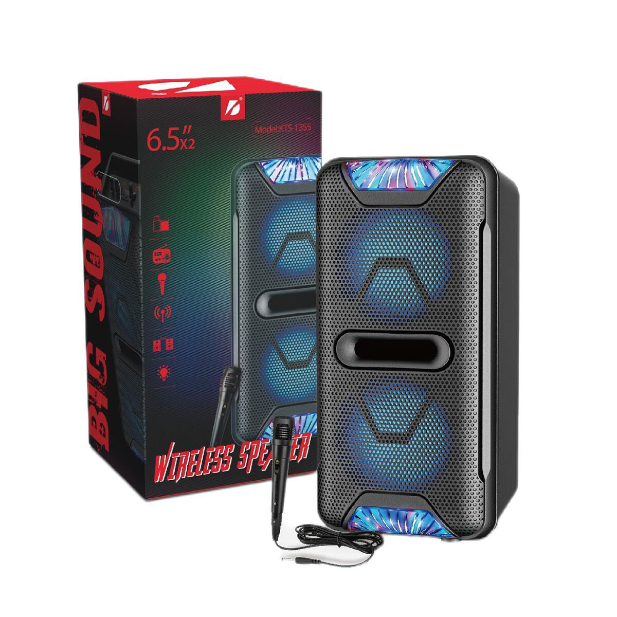 Parlante torre bluetooth KTS-1355 2x 6,5" con microfono luces led 