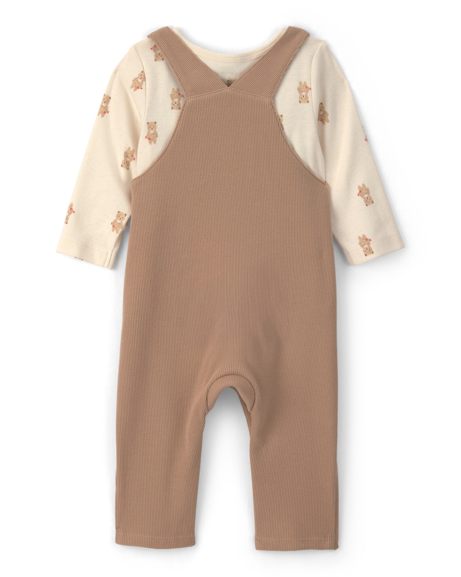 Set dos piezas de algodón, enterito y remera, marrón y crema, diseño oso Sin color
