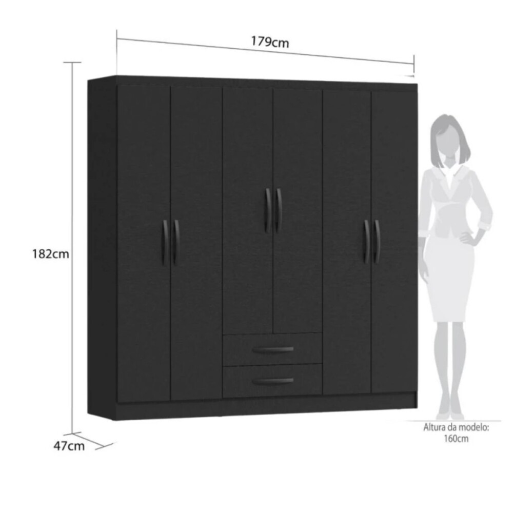 COMBO DORMITORIO - ROPERO PLUS 6 PUERTAS + RESPALDO CON 2 MESAS DE LUZ NEGRO
