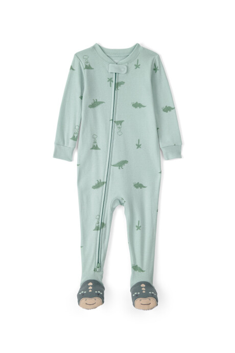 Pijama enterito de algodón con pie, verde, diseño dinos. Talles 2-5T Sin color