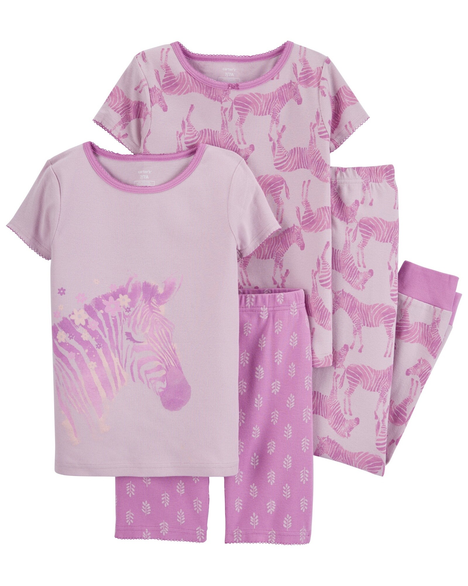 Pijama cuatro piezas de algodón, remeras, pantalón y short diseño cebra Sin color