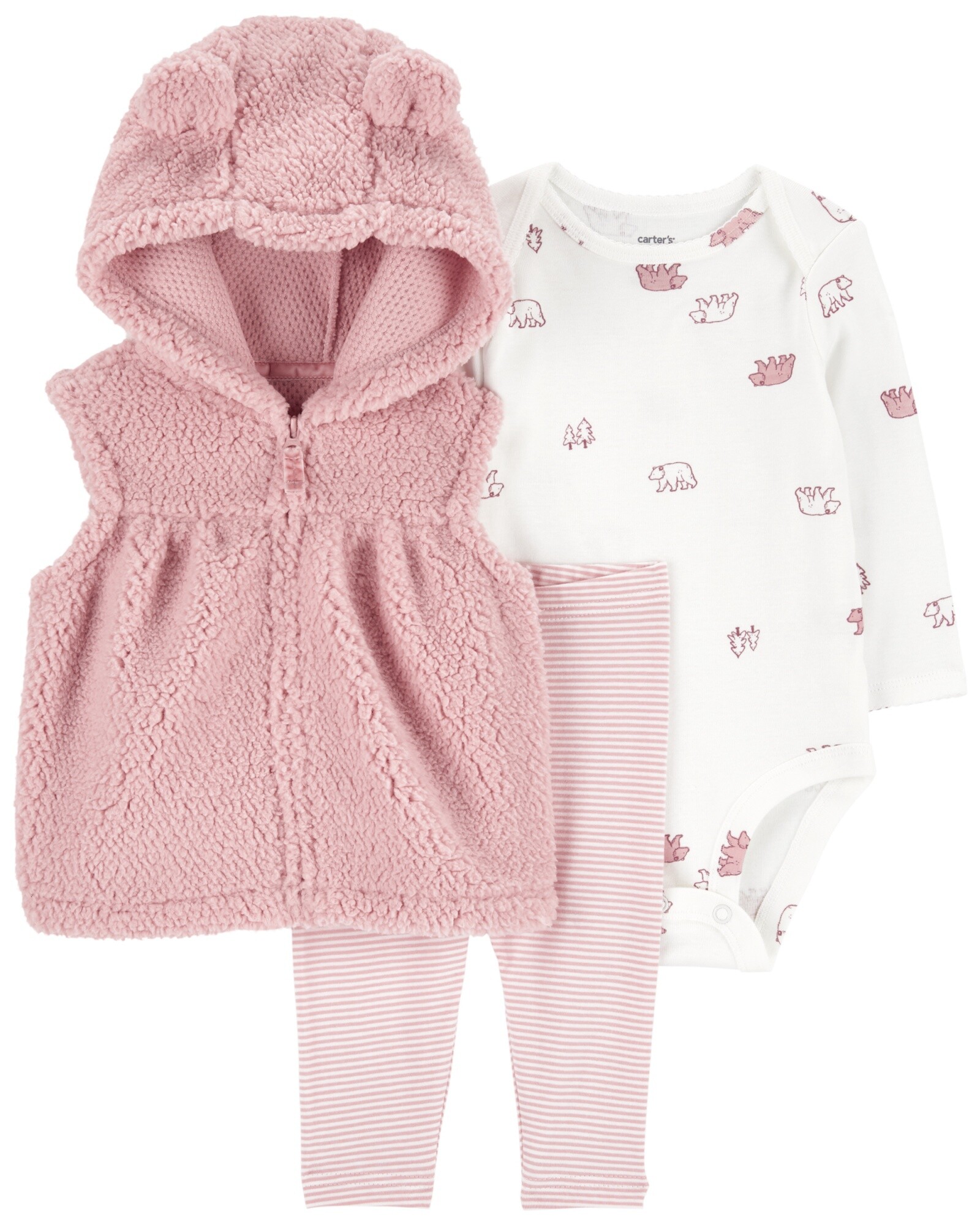 Set tres piezas, chaleco de sherpa, pantalón y body de algodón, diseño osos Sin color