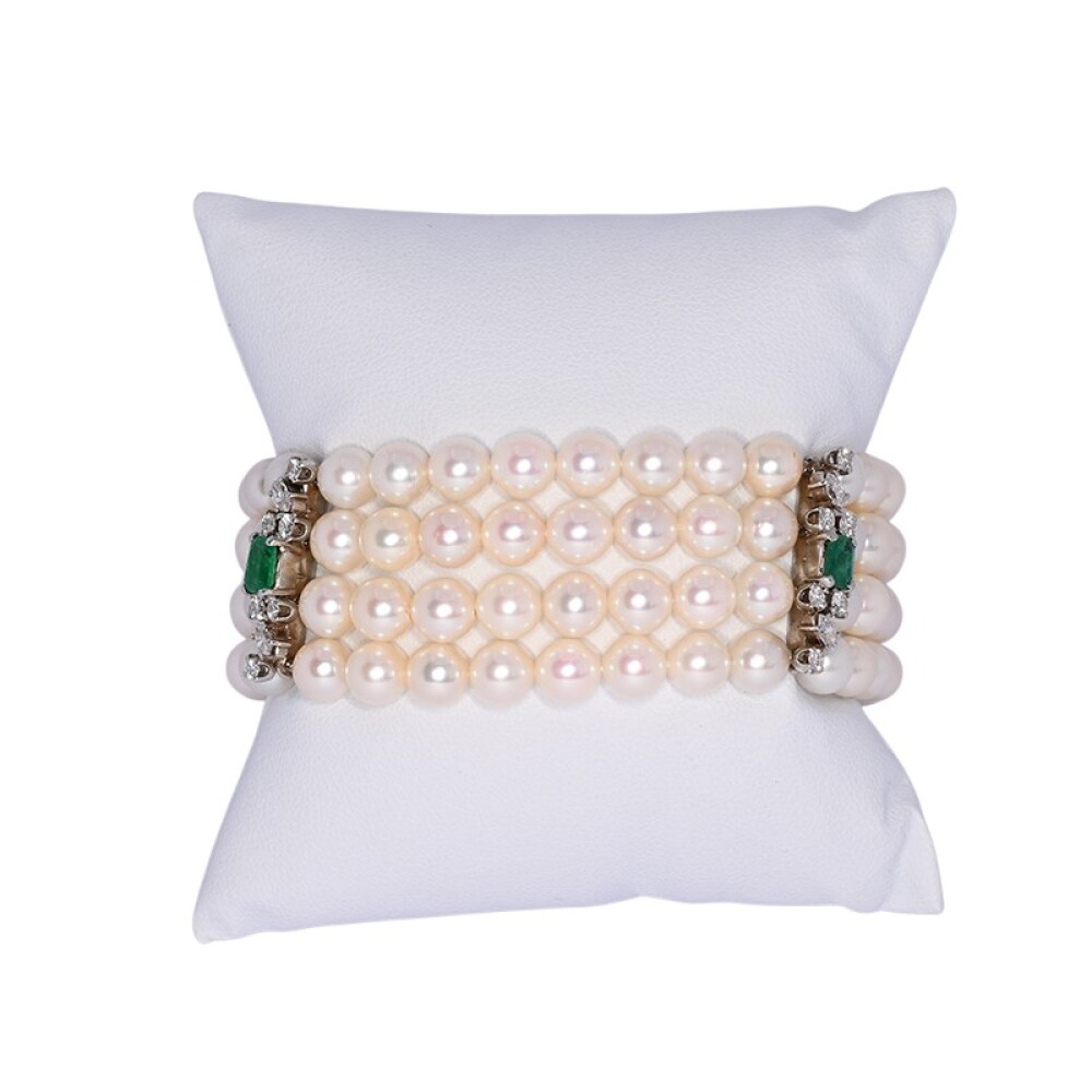 Pulsera 4 hilos perlas oro blanco con esmeraldas y brillantes Pulsera 4 hilos perlas oro blanco con esmeraldas y brillantes