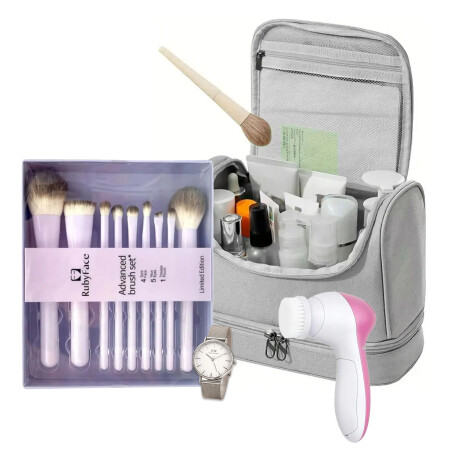 Set Reloj Mujer + Brochas Maquillaje + Neceser + Spa Facial Plateado