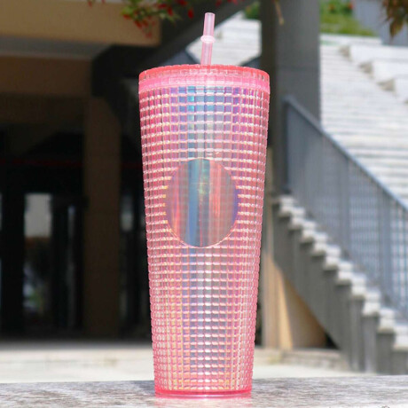 Vaso plástico diseño tornasol con tapa y sorbete – 720ml Rosado