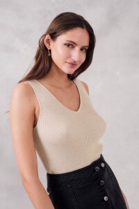 Top Lurex Escote V Beige Melange