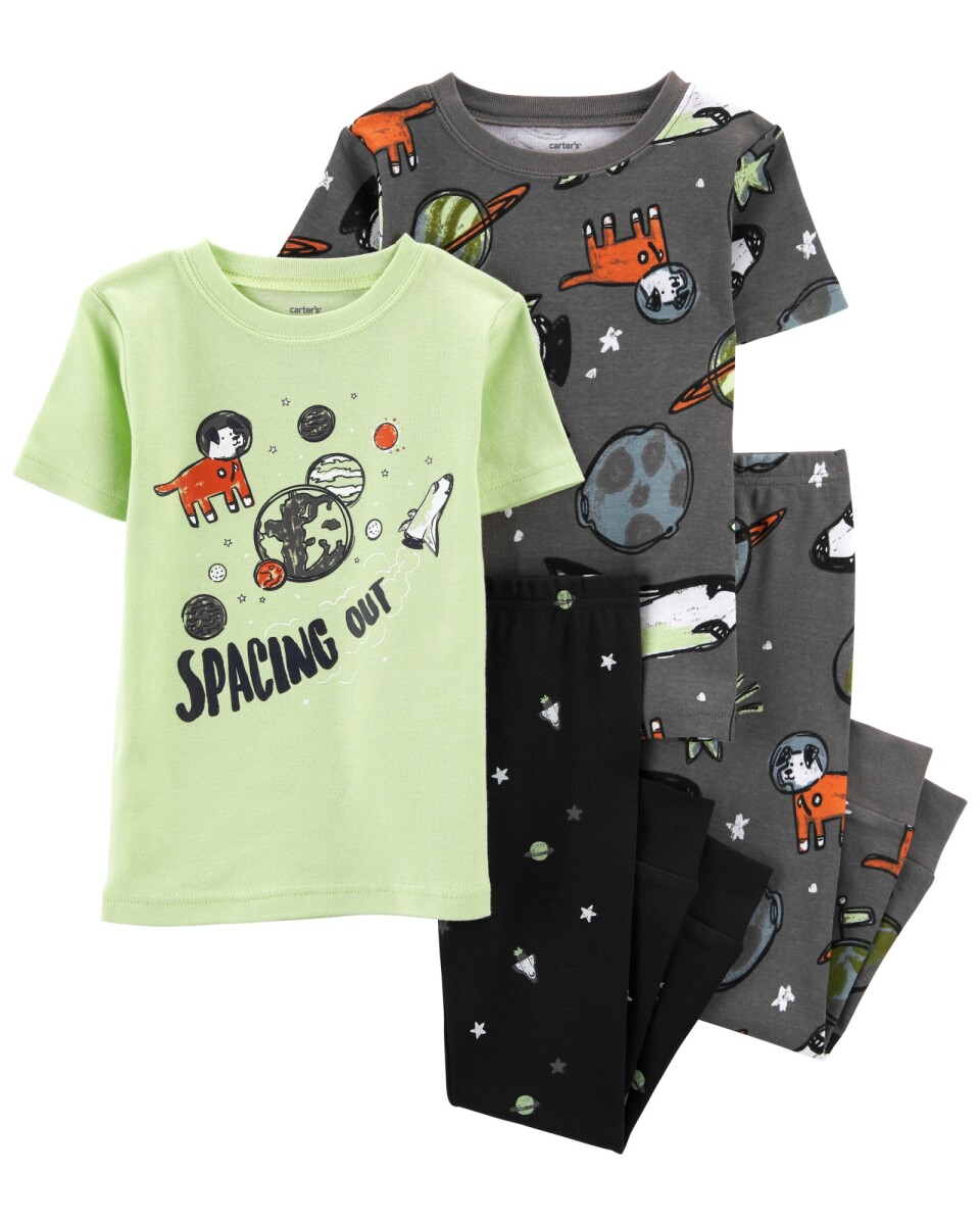 Pijama cuatro piezas de algodón dos remeras y dos pantalones, diseños espaciales 