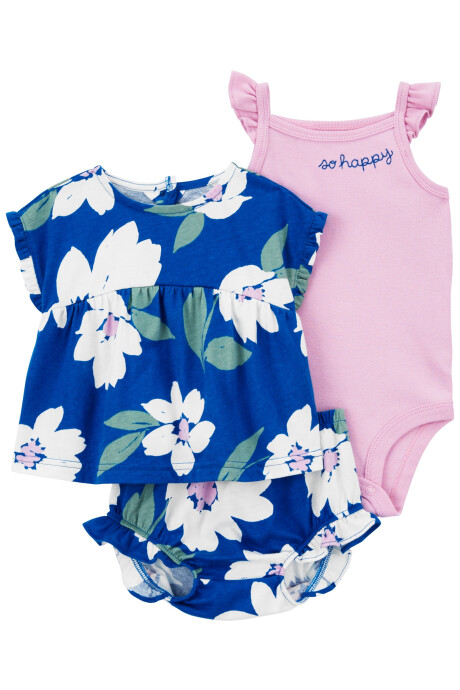 Set tres piezas de algodón, short, blusa y body diseño floral Set tres piezas de algodón, short, blusa y body diseño floral