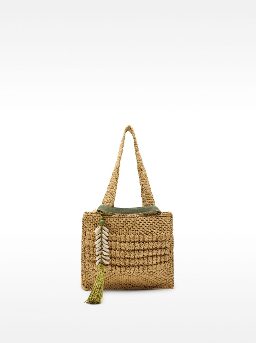 Bolso Tote Efecto Rafia Con Detalle De Conchas Colgante M - natural 
