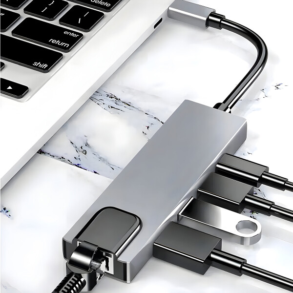 Adaptador Hub Tipo C 5 en 1 Ethernet HDMI 4K 2 USB 3.0 Mac Color Gris