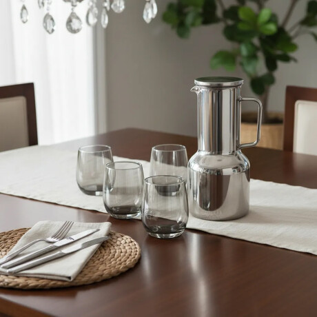 Set Jarra Vidrio + 6 Vasos Bebidas Frias Brunch Ahumado