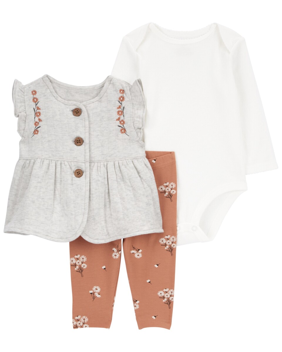 Set tres piezas de algodón, chaleco capitoneado, pantalón y body, diseño floral 