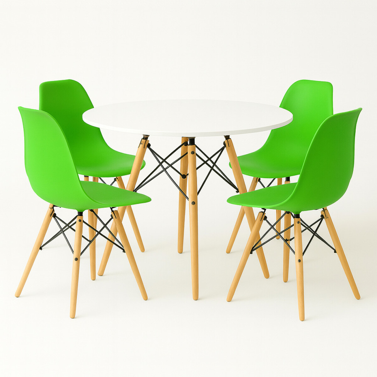 Juego de comedor Con Mesa Circular de 80cm + 4 Sillas Eames - Verde/Blanco 