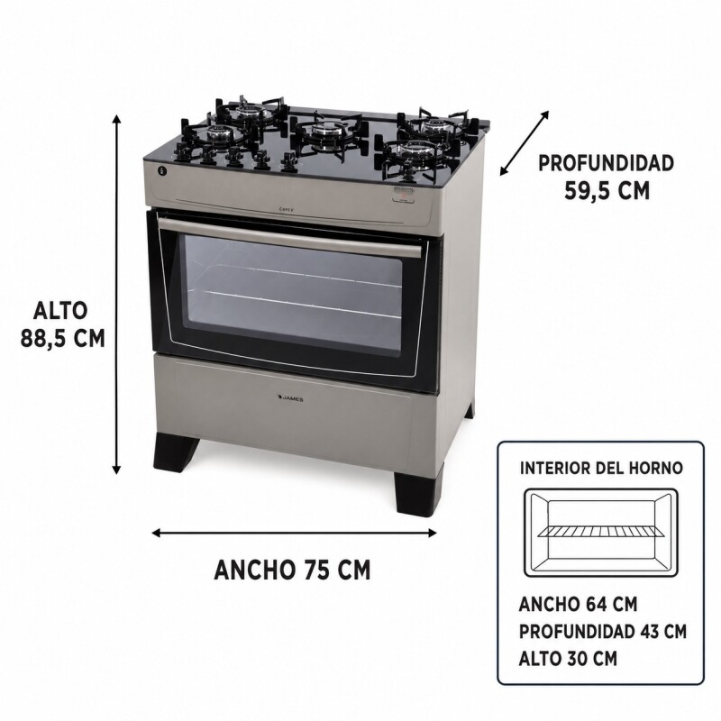 Cocina A Gas James 5 Hornallas Titanuim Con Mesada De Vidrio Negra C 695 V Cocina A Gas James 5 Hornallas Titanuim Con Mesada De Vidrio Negra C 695 V