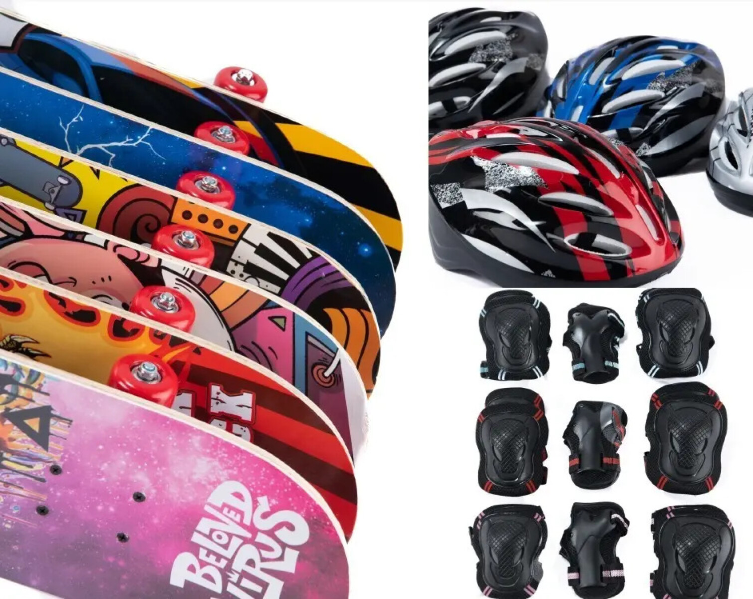 Set de patineta madera de 80cms + Set de protección + casco desde 8 años 