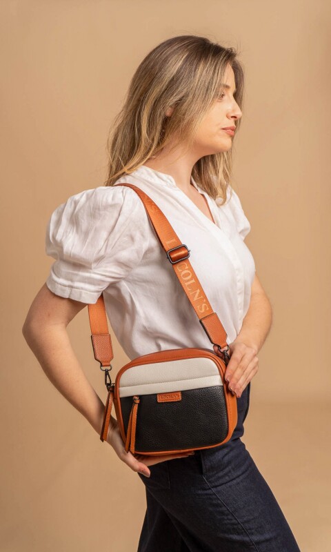 BANDOLERA MORRAL PALMA NEGRO BLANCO Y CARAMELO