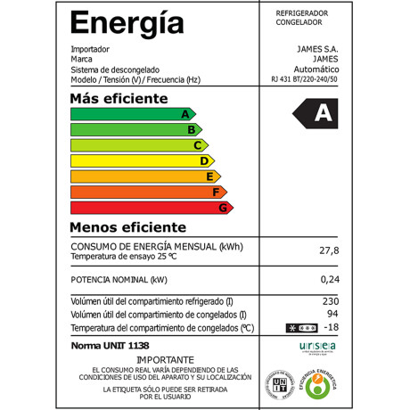 HELADERA JAMES FRÍO SECO 356-LITROS NEGRO RJ 431 BT