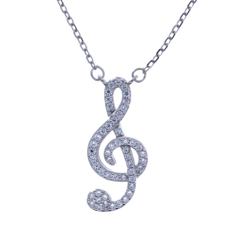 Cadena y dije de Plata 925 rodinada y circonias, CLAVE DE SOL Cadena y dije de Plata 925 rodinada y circonias, CLAVE DE SOL