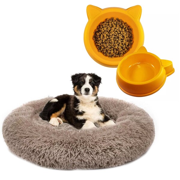 Cama Colchon Mascota + Plato Comedero Bebedero Perro Gato Variante Color Marrón Naranja