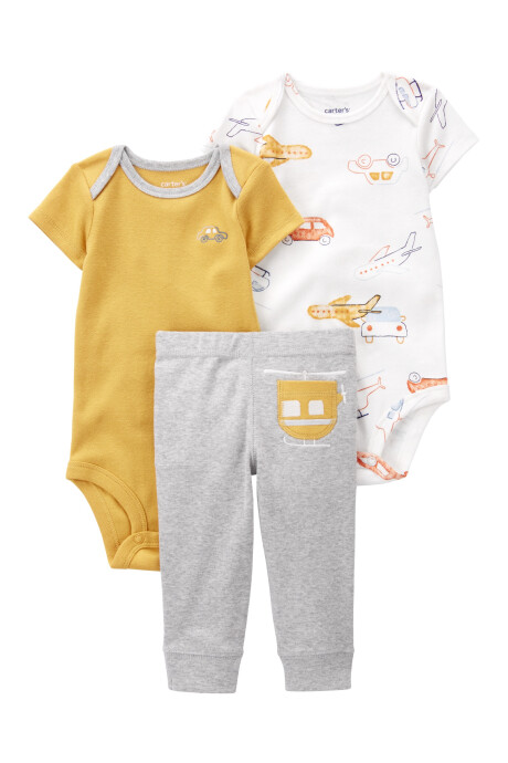 Set tres piezas de algodón, pantalón y bodies, diseño vehículos Set tres piezas de algodón, pantalón y bodies, diseño vehículos
