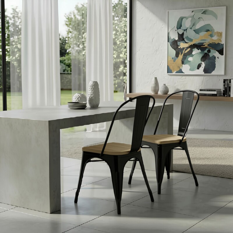 Pack 2 Sillas Tolix Lumax Metálicas Vintage Con Asiento De Madera Para Comedor Negro