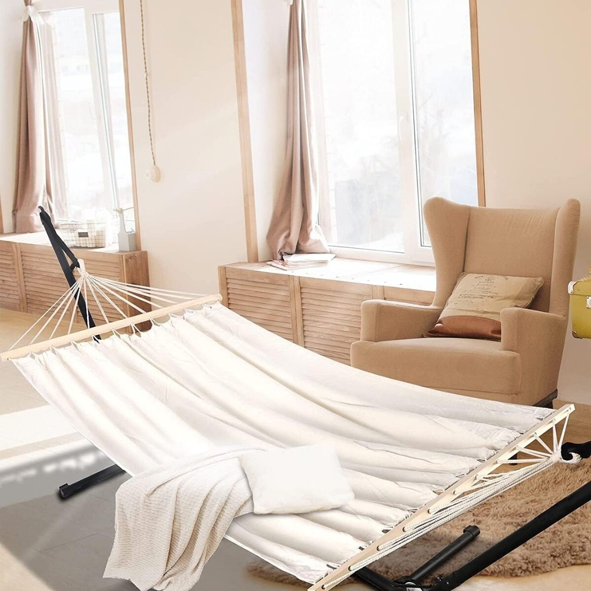 Hamaca Paraguaya Reforzada Silla Colgante Con Bolso Madera Y Soporte Jardin Patio Imback Color Beige 