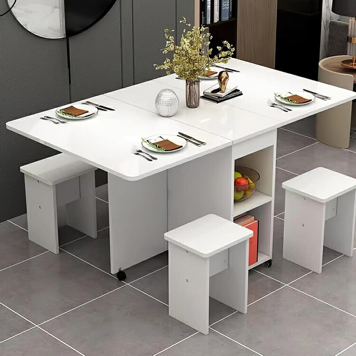 Mesa Plegable Giratoria Con 4 Bancos - Blanco 