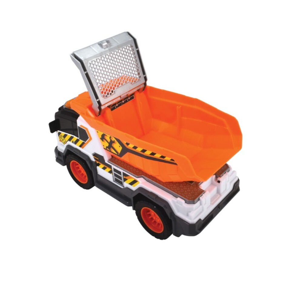 Dickie Toys Camión Volqueta con Luz, Sonido y Pala DICKIE - CAMION VOLQUETA RUEDA LIBRE, LUCES Y SONIDOS, VERTEDERO MANUAL CON TAMIZ DE ARENA, PALA DE ARENA INCLUIDA LA PALA SE PU