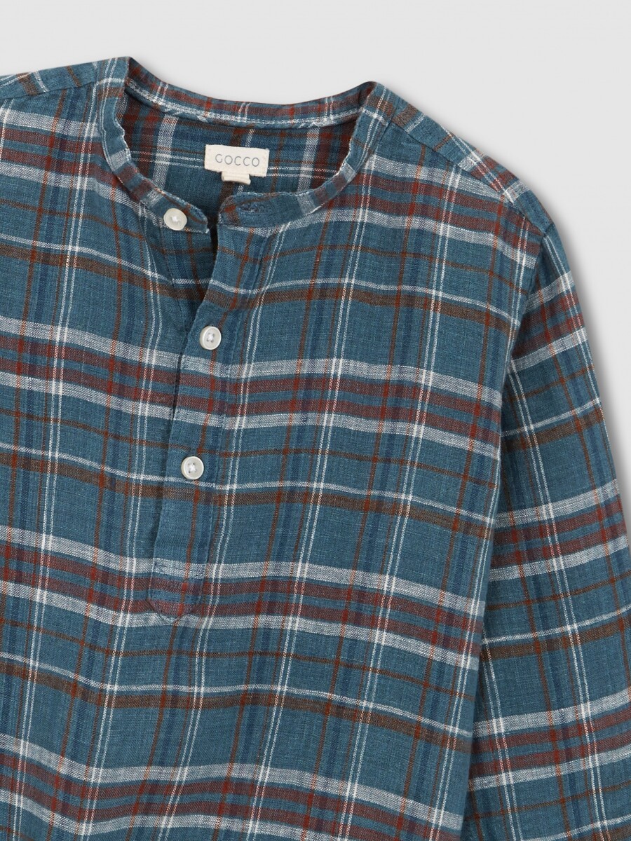 Camisa De Cuadros Cuello Mao Azul