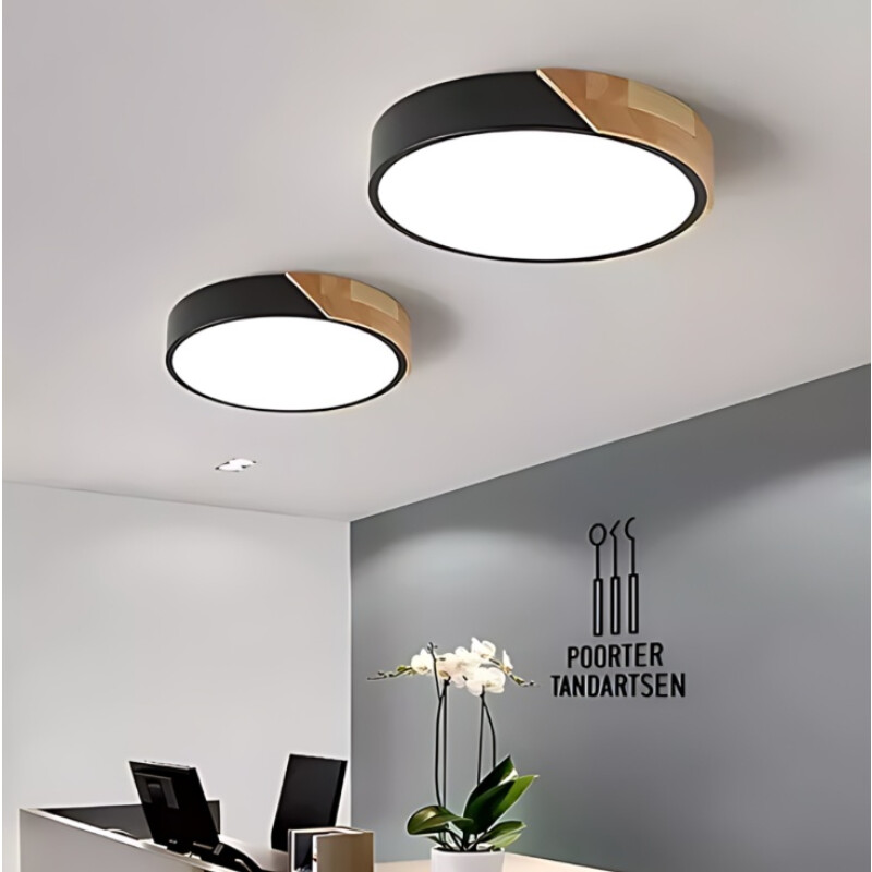 Luminaria Luz Fria Plafon Led Diám 30cm Metal Y Madera Negro