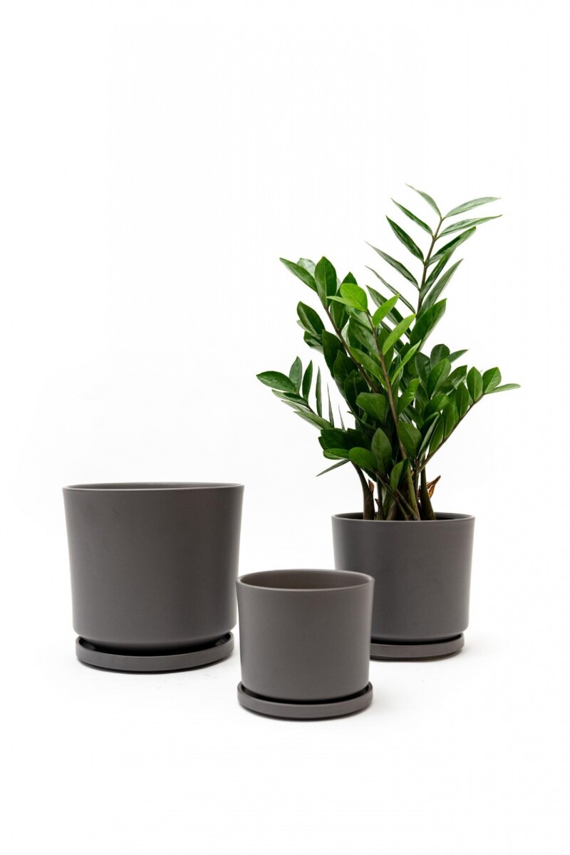 SET 3 MACETAS CERAMICAS CON PLATO - GRIS OSCURO 