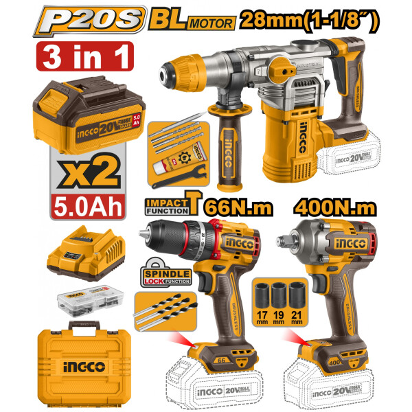 KIT COMBO A BATERIA P20S 20V C/ROTOMARTILLO + LLAVE DE IMPACTO + TALADRO ATORNIL KIT COMBO A BATERIA P20S 20V C/ROTOMARTILLO + LLAVE DE IMPACTO + TALADRO ATORNIL