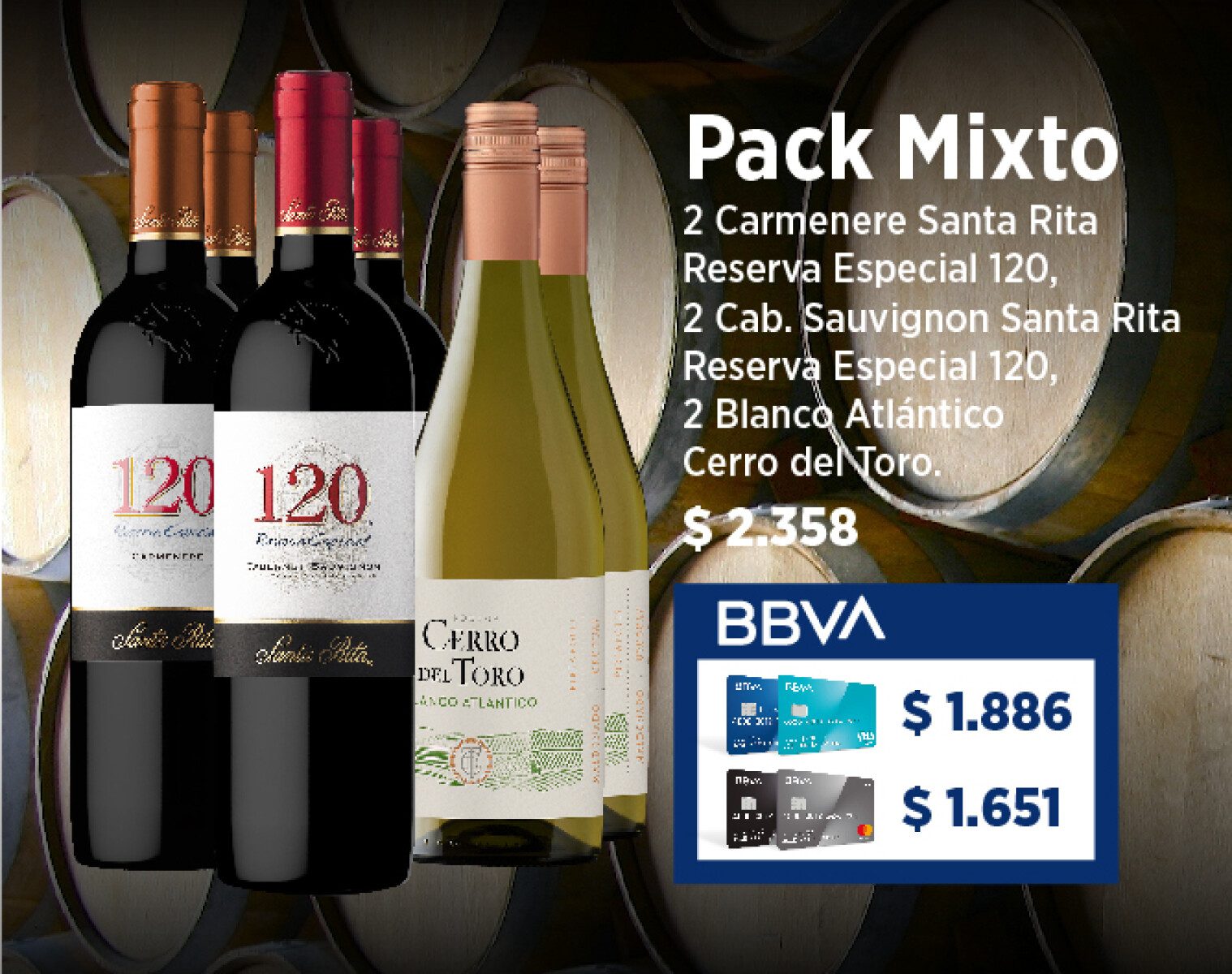 Pack mixto 2 Carmenere120 Reserva , 2 Cab. Sauv 120 Reserva2, 2 Oveja Negra Sauv. Blanc/Carmenere 