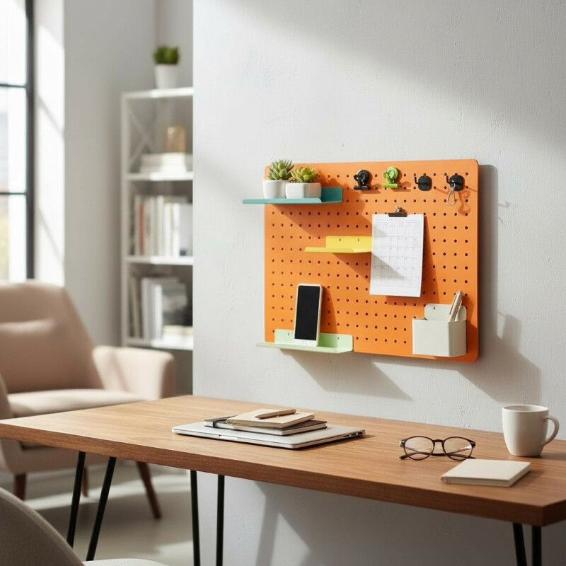 Estante organizador pequeño con borde para panel perforado pegboard metálico Amarillo