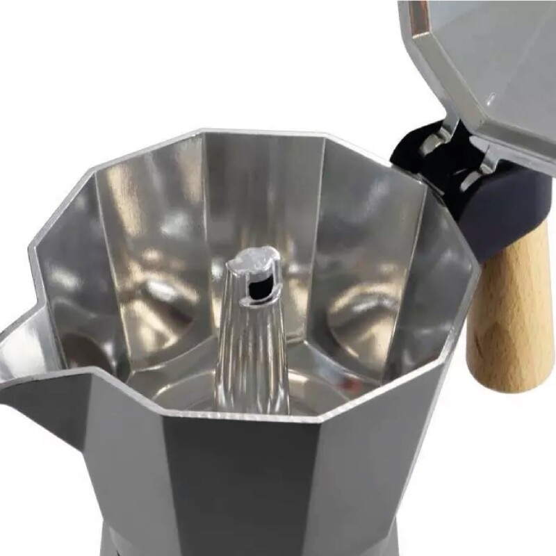 CAFETERA ITALIANA ALUMINIO 300ML 6 TAZAS GRIS MANGO MADERA VARENNA CAFETERA ITALIANA ALUMINIO 300ML 6 TAZAS GRIS MANGO MADERA VARENNA