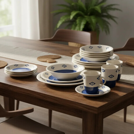 Juego Vajilla 16 Piezas Cerámica 4 Personas Diseño Moderno Azul/blanco