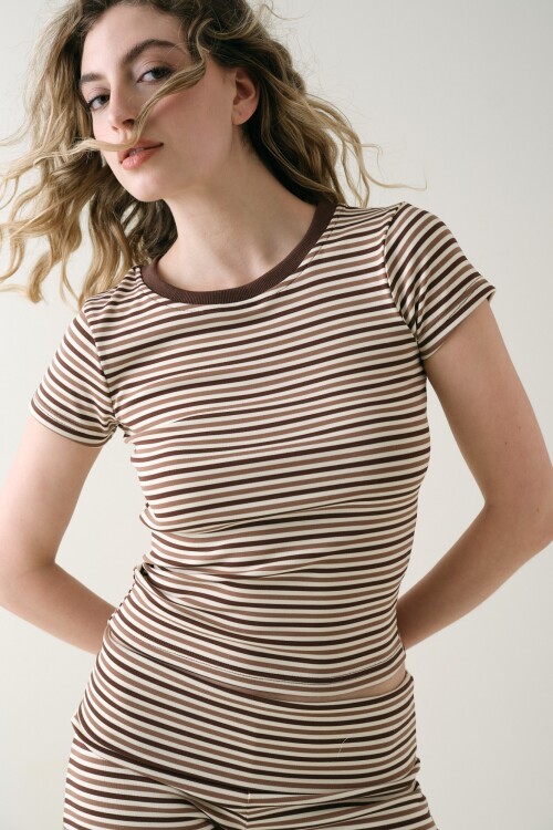 Remera Entallada Algodón Rayado Marron