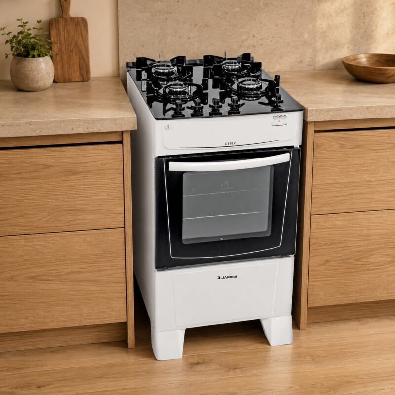 Cocina A Gas James 4 Hornallas Con Mesada De Vidrio Blanca C 690 V Cocina A Gas James 4 Hornallas Con Mesada De Vidrio Blanca C 690 V