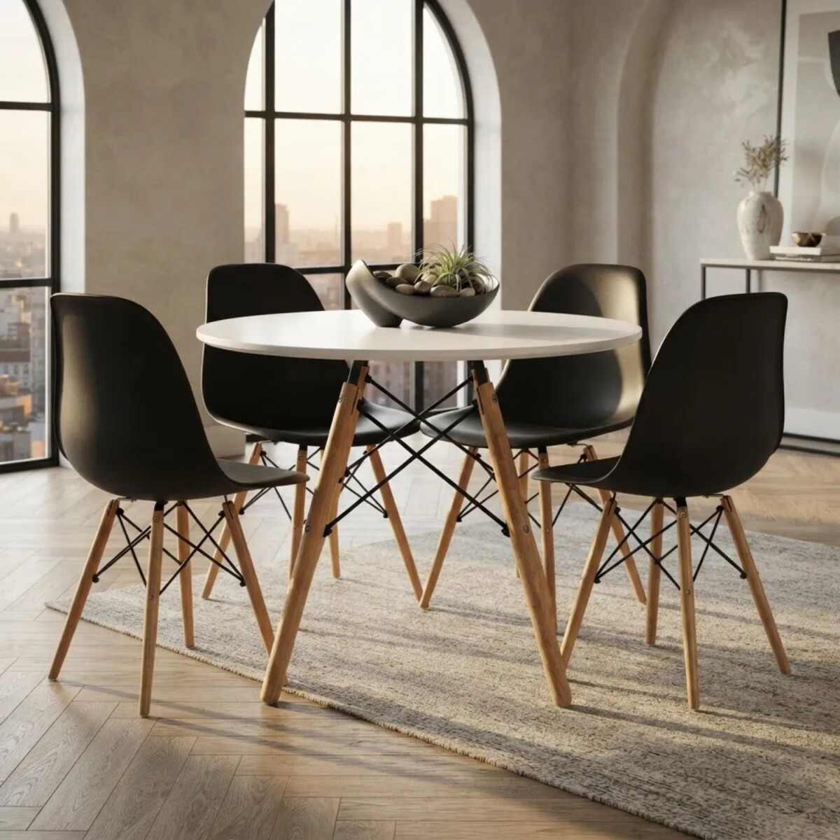 Juego de comedor Con Mesa Circular de 80cm + 4 Sillas Eames - Negro/Blanco 