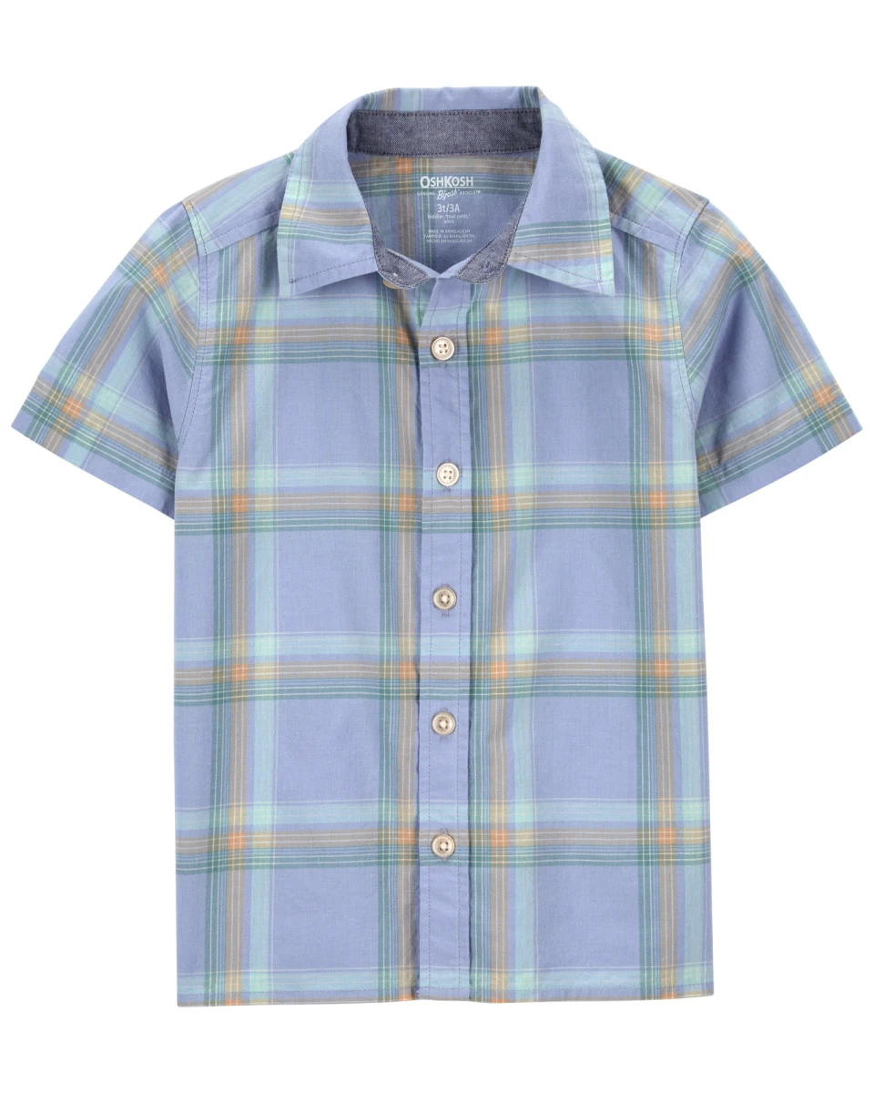 Camisa de algodón, manga corta, diseño a cuadros 