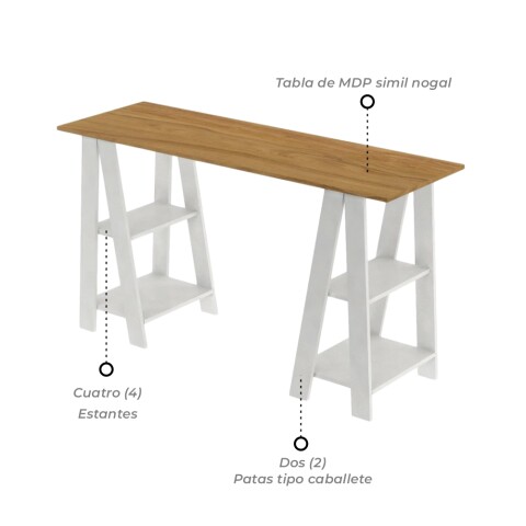 Escritorio minimal con caballete y estantes - Nogal / Blanco Escritorio minimal con caballete y estantes - Nogal / Blanco