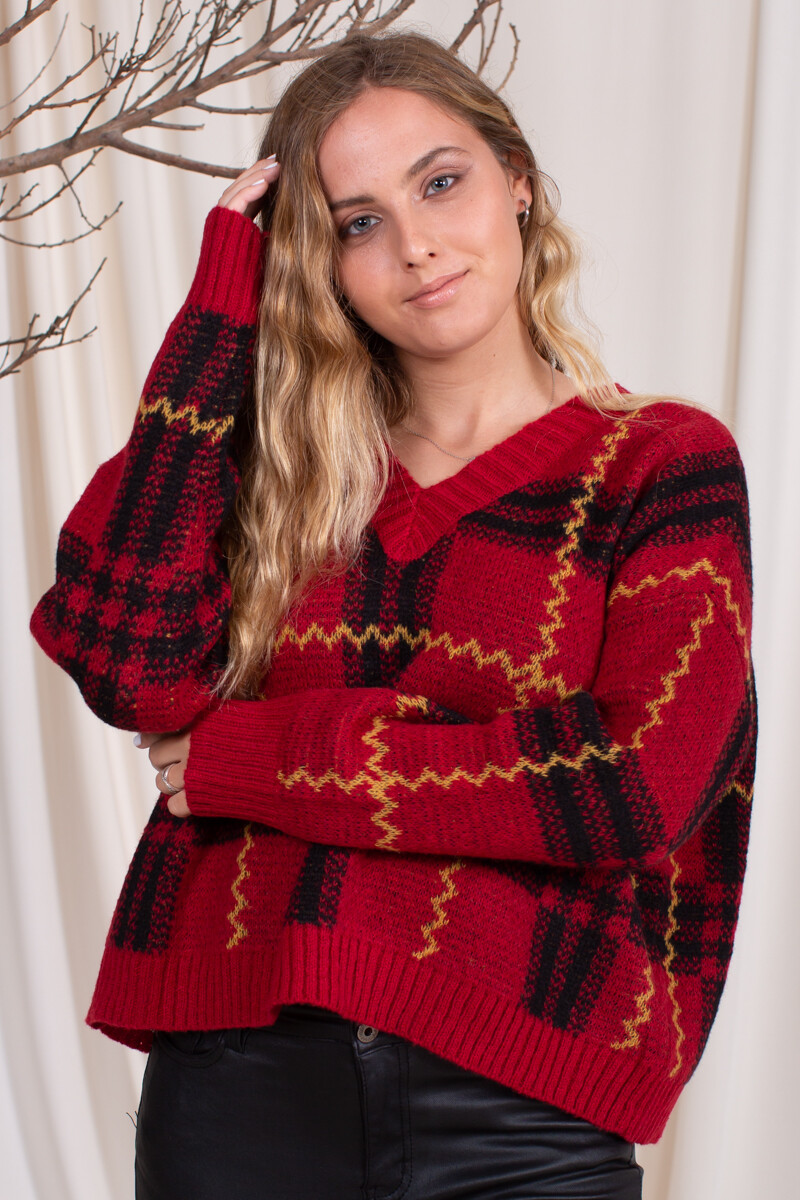 Sweater escote v cuadrillé Bordó