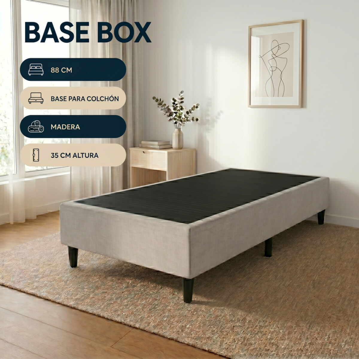 Base BOX Una Plaza 88x188x35 cm – Soporte Firme para Colchón | Gris 