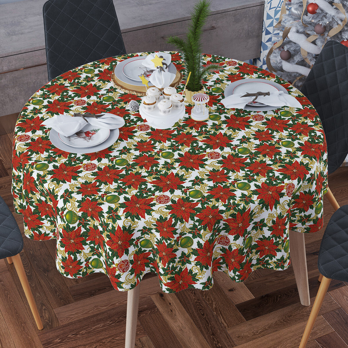 Mantel Bukara Peva Redondo 160 cm - Navidad Muérdago 