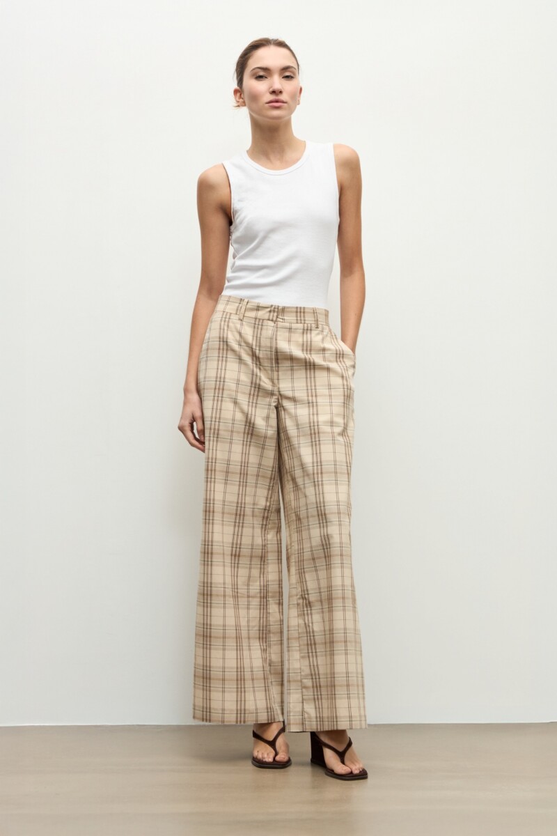 Pantalon wide leg escoces beige