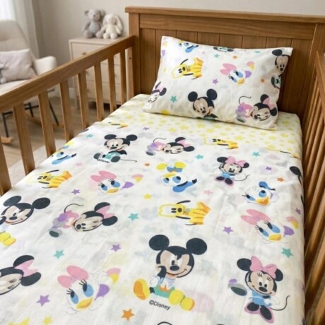 Juego de Sábanas Cuna Mickey 3 Piezas Blanco y Amarillo Juego de Sábanas Cuna Mickey 3 Piezas Blanco y Amarillo