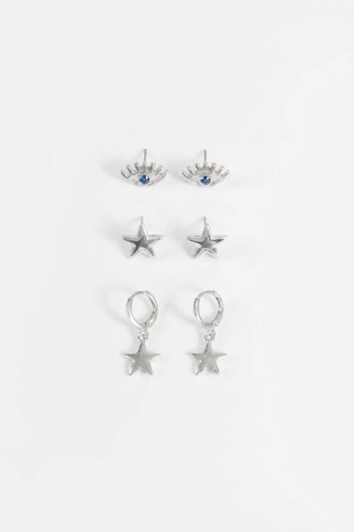 Set de 3 caravanas ojo plateado